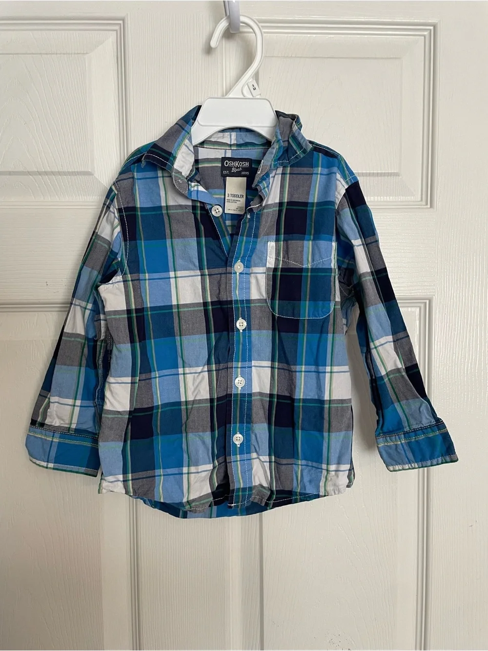 OshKosh 100% Cotton Size 3 Toddler Blue Plaid Button-Up Shirt for Kids